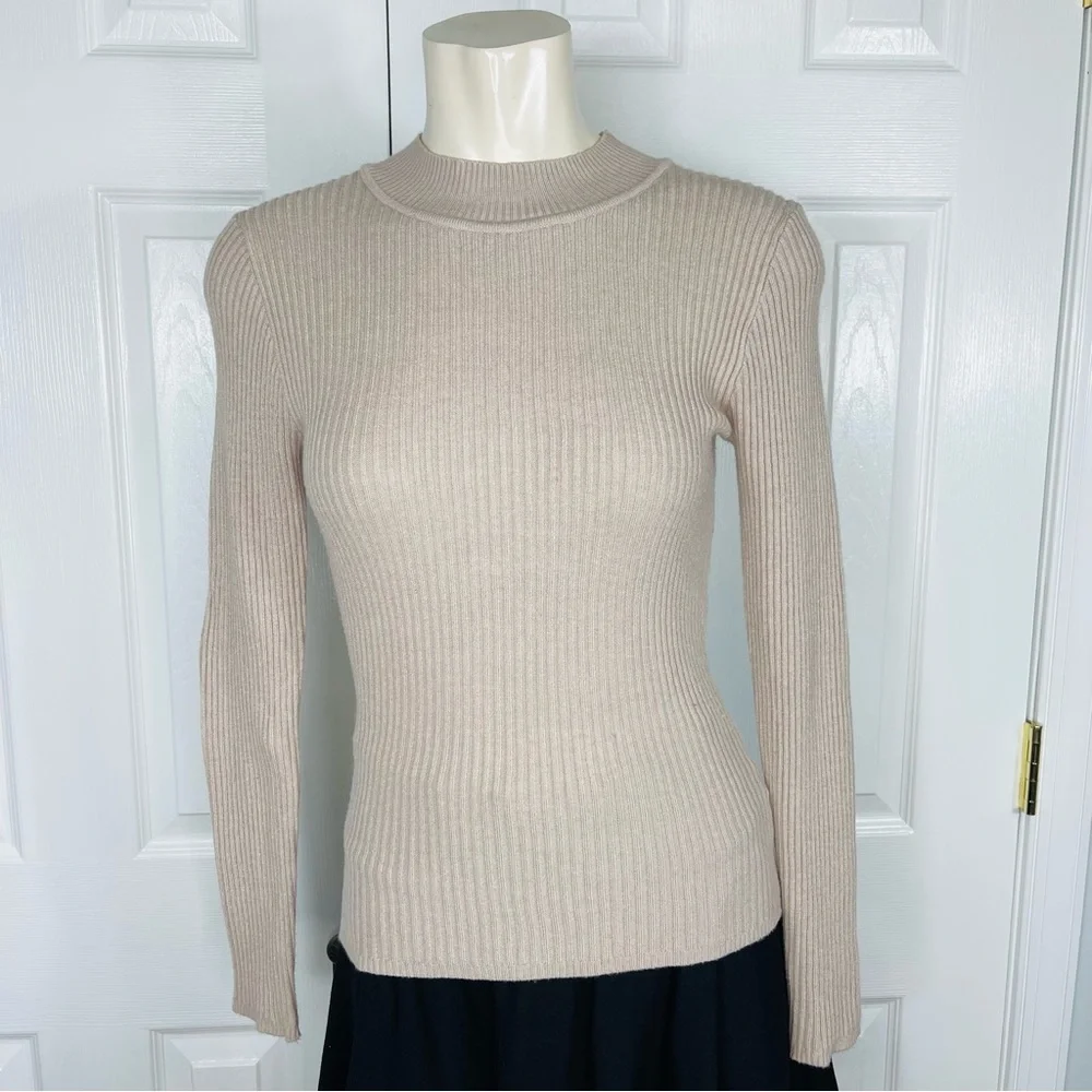 PRIMARK ribbed woven knit long sleeve top neutral color taupe cream XS - Picture 7 of 7
